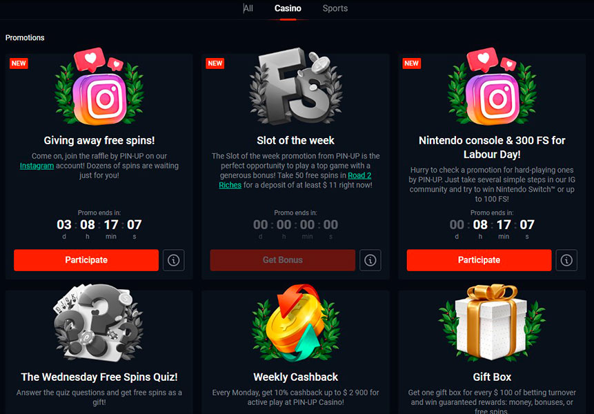 Pin up Casino Bonus Page